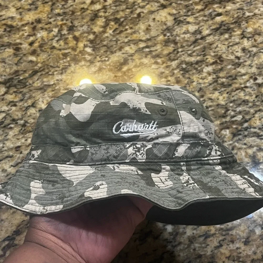 Carhartt Kids Camo Ripstop Bucket Hat Green Grey Camouflage Script Logo Sun Hat
